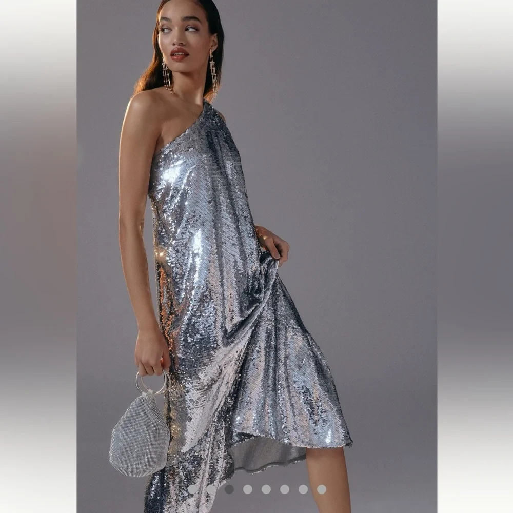 Maeve one shoulder silver sequin midi dress anthropologie sz large new nwt ✨ - Picture 5 of 14